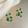 Green Clear Crystal Glass Flower Stud Earrings Pearls view 4