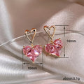 Gold Open Heart Stud Pink Heart CZ Drop Earrings Pair view 5