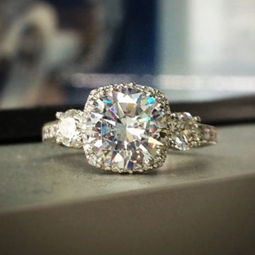 Silver Tone Three Stone Ring With Round Clear Center