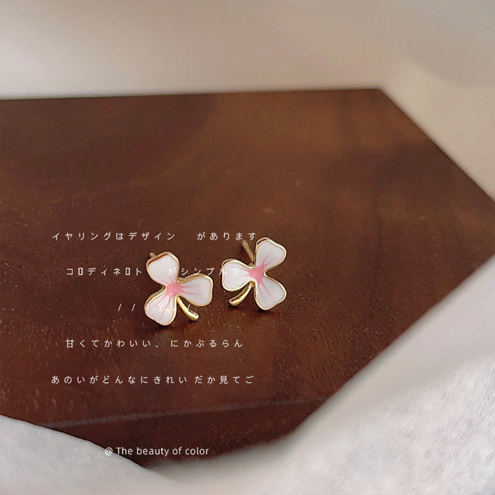 Mini White Pink Enamel Three Petal Flower Gold Tone Studs