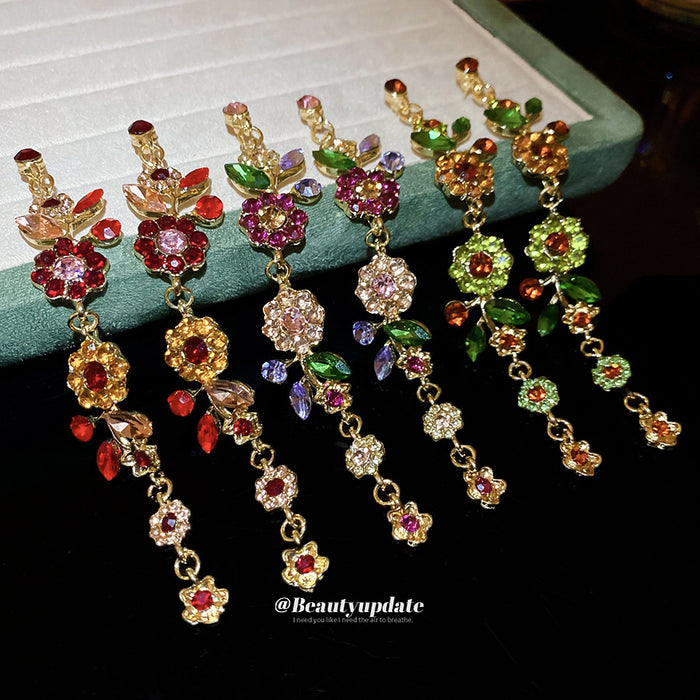 Crystal Floral Leaf Drop Earrings In Green And Red