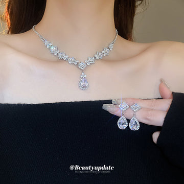 Silver Tone Diamond Link Crystal Necklace And Teardrop Earring Set