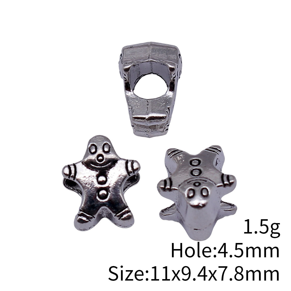 11x9.4x7.8mm 1.5g Antique Silver Zinc Alloy Gingerbread Man Large Hole Double Sided Beads for Christmas Bracelet Making