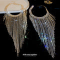 Long Rhinestone Fringe Statement Necklace Gold Silver view 2