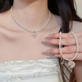 Pearl Strand Crystal Flower Pendant Necklace In Two Colors view 2