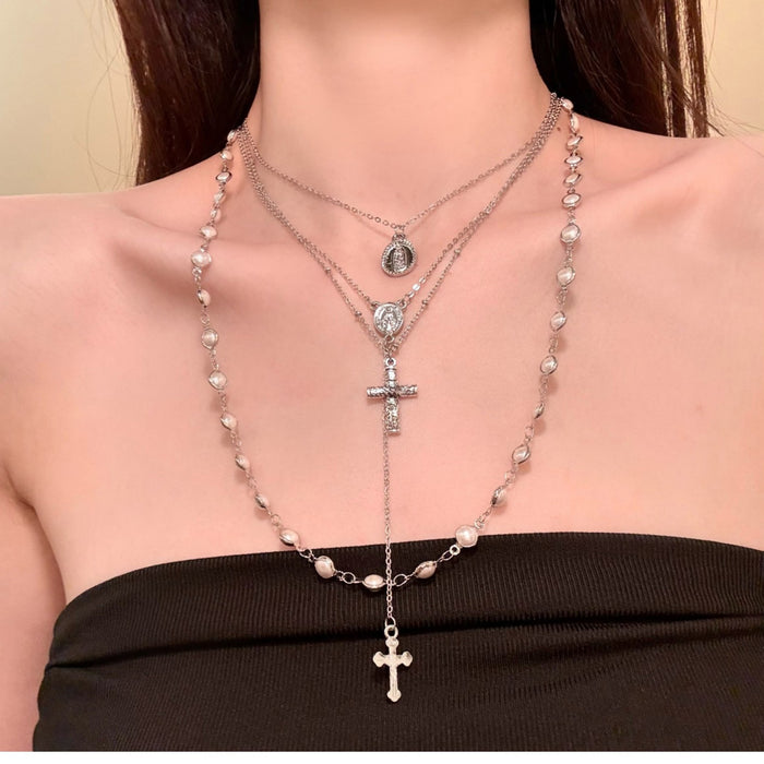 Silver Tone Layered Pearl Necklace With Cross And Crystal Charms