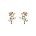 Gold Tone Rose Flower Green Leaf And White Pearl Stud Earrings view 5