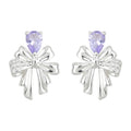 Silver Bow Stud Earrings Purple Teardrop Clear Accents view 5