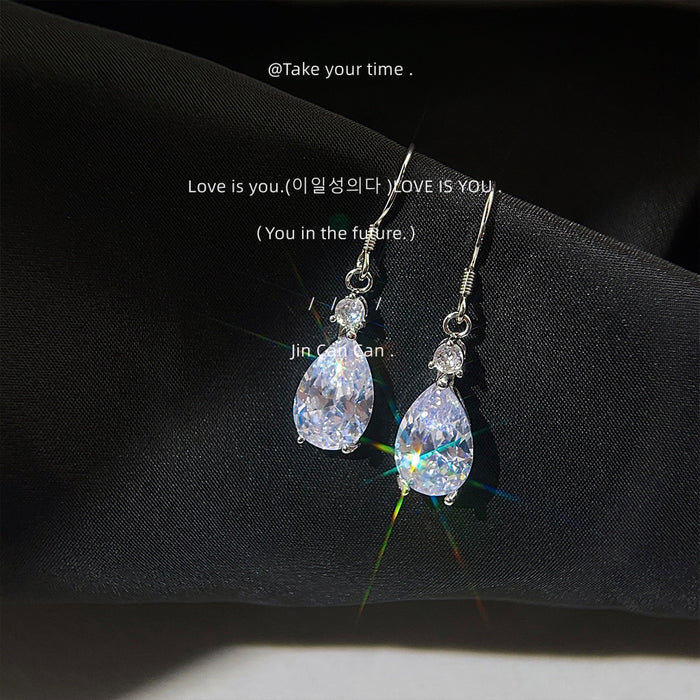 Silver Teardrop Clear CZ Drop Earrings Fishhook Back