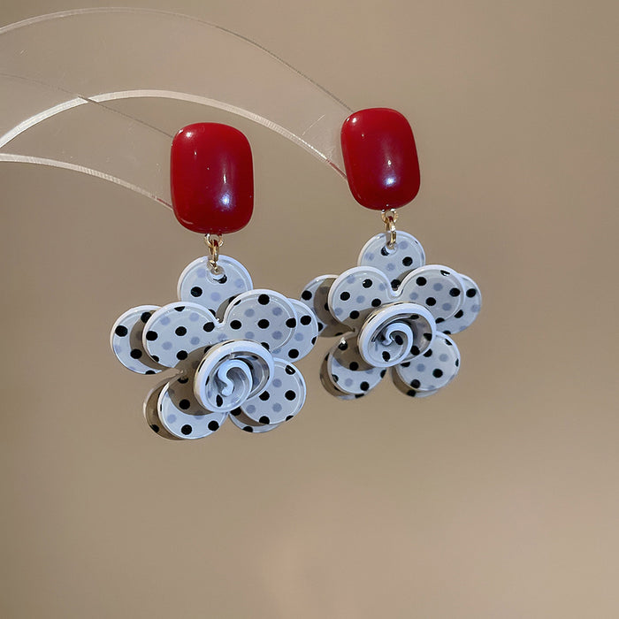 Red and White Polka Dot Layered Flower Drop Earrings