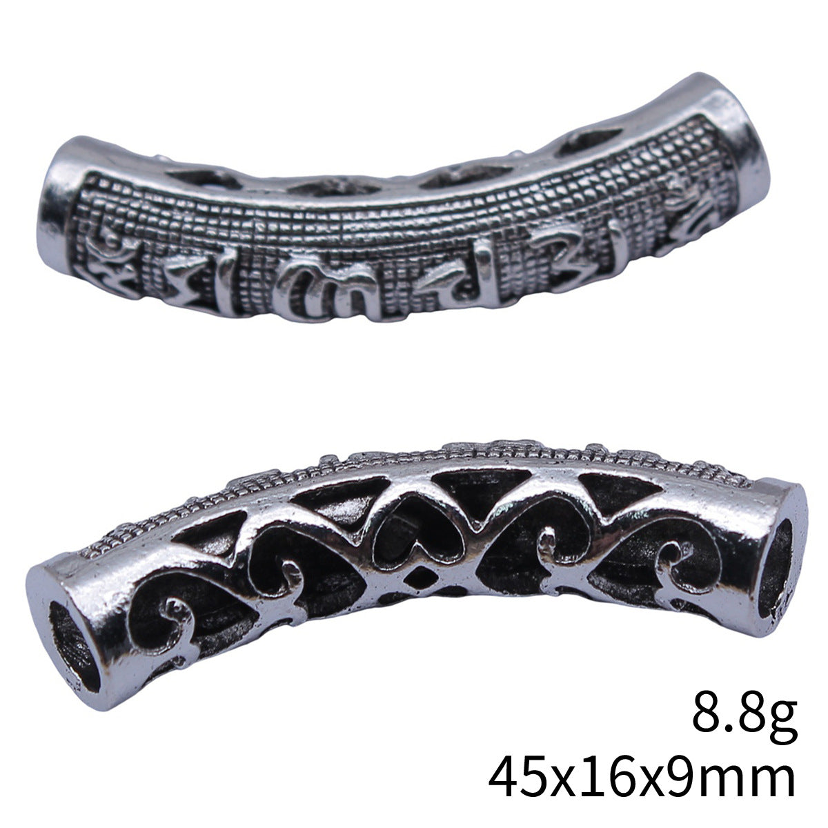 45x16x9mm 8.8g Antique Silver Zinc Alloy Six-Word Mantra Curved Tube Spacer Beads for Bracelets