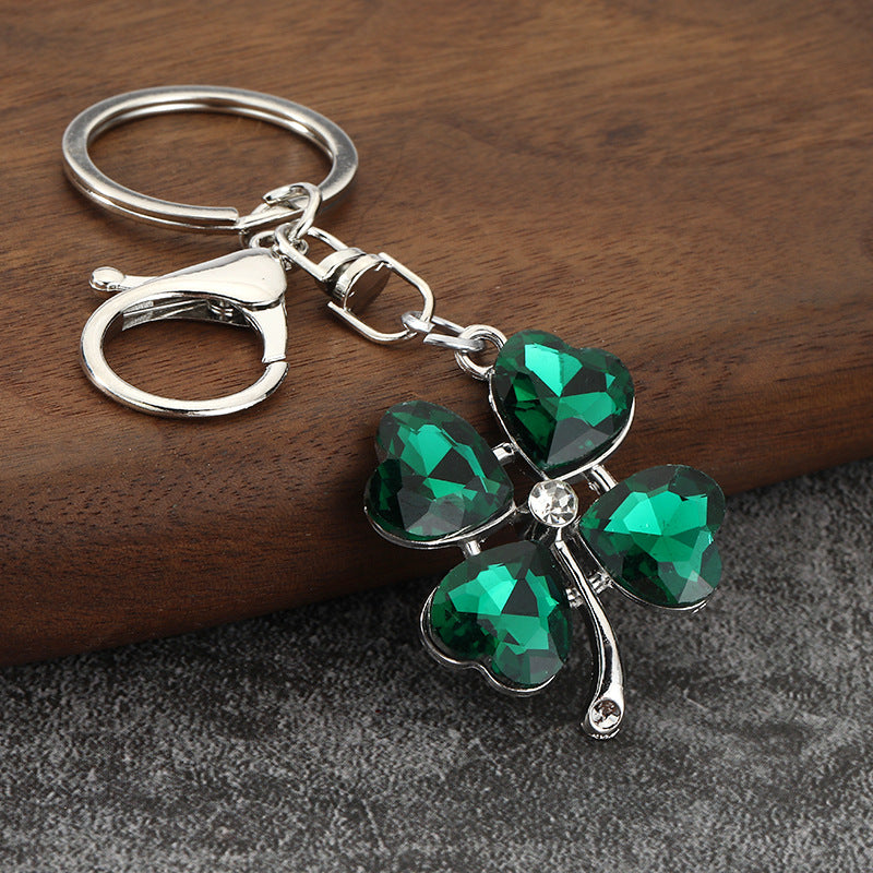 Rhinestone Four Leaf Clover Keychain with Colorful Cat Eye Stone Charm