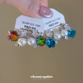 Crystal Square and Pearl Clip-On Stud Earrings with Polished Metal Details view 4