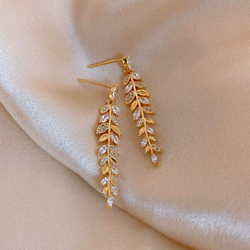 Gold Wheat Leaf Linear Dangle Stud Earrings With Metal Details