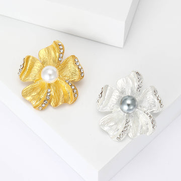 Textured Flower Brooch Pearl Center Rhinestone Accents
