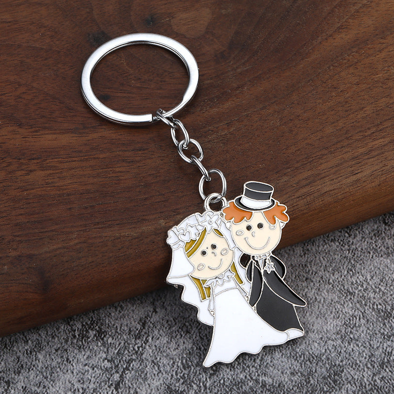 Bride and Groom Enamel Keychain, Cute Couple Metal Bag Charm