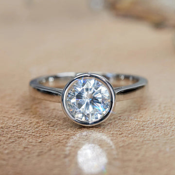 Round Clear Solitaire Bezel Ring In Polished Silver Tone