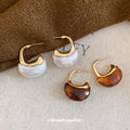 Gold Tone Brown Resin Rounded Chunky Hoop Stud Earrings view 4