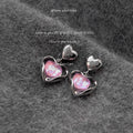 Silver Tone Pink Pearlescent Heart Double Frame Drop Stud Earrings view 3