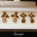 Amber Flower Stud Earrings With Pearl or Crystal Drops view 2