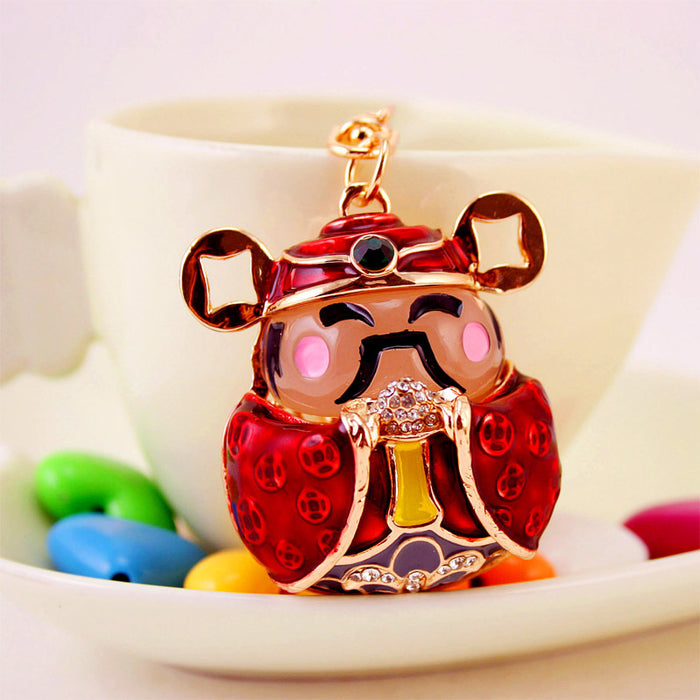 Chinese God of Wealth Enamel Rhinestone Metal Keychain Bag Charm