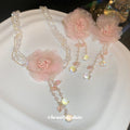 Pink Tulle Flower Pearl Drop Earrings and White Floral Necklace view 3