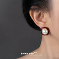 Wine Red Enamel Square Frame White Pearl Stud Earrings view 2
