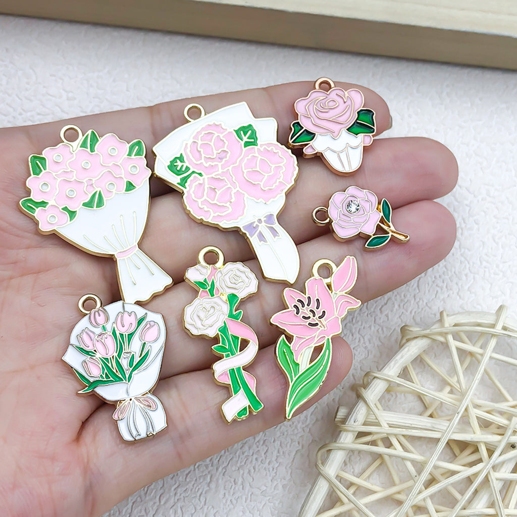 Pink Zinc Alloy Branch Bouquet Carnation Rose charm pendants for DIY bracelets necklaces