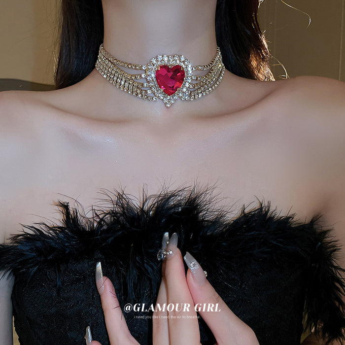 Gold Five Row Rhinestone Choker Magenta Heart Center