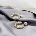 Gold Tone Pearl Stud Chain Hoop Earrings Leather Wrap view 4