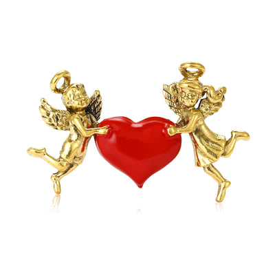 Front view of two cherubs flanking a glossy red heart