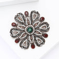 Openwork Crystal Flower Brooch Black Red Green Center Pin view 3