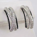 Silver Tone Black and Clear Crystal Crossover Hoop Earrings view 2