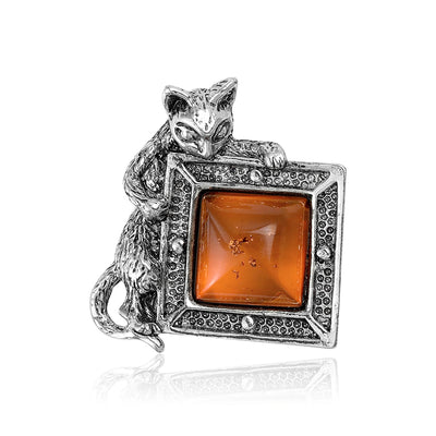 Cat and Amber Square Brooch front view