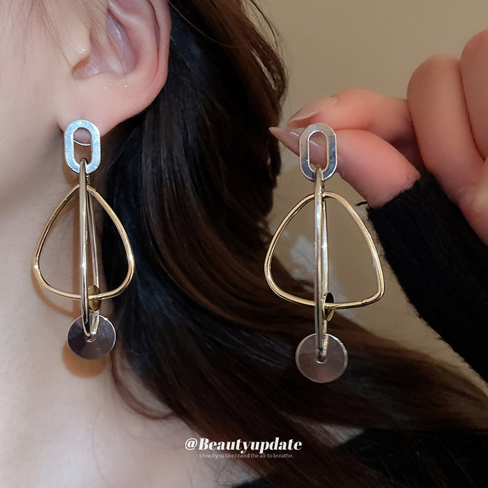 Abstract Gold Tone Wire Triangle and Disc Drop Earrings