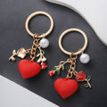 Red Rose Heart and Faux Pearl Charm Keychain with Round Ring view 2