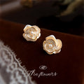 Pearl White Camellia Flower Pavé Crystal Stud Earrings view 3