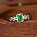 Silver Emerald-Cut Green Halo Geometric Link Finger Ring view 4