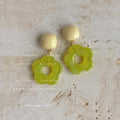 Cream Square Top And Lime Green Open Flower Drop Stud Earrings view 2