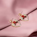 Clear Stone Heart and Bow Gold Tone Dangle Stud Earrings view 4