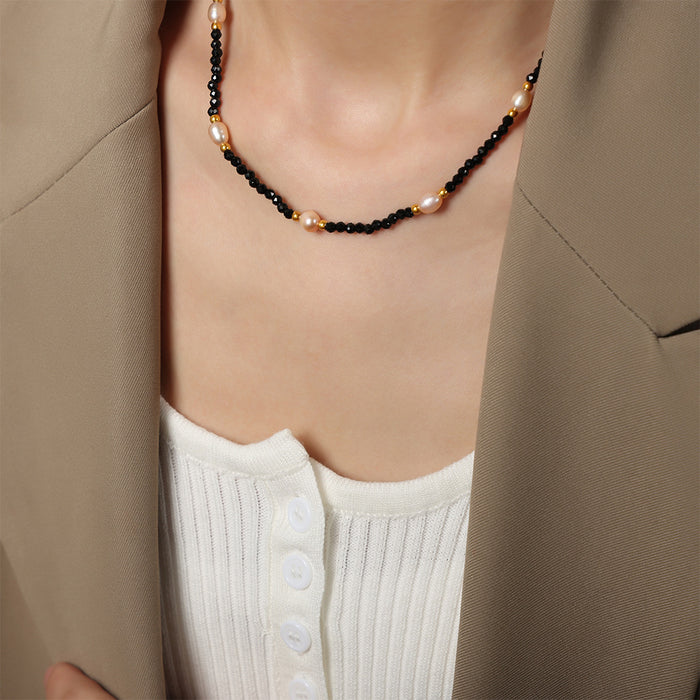 Black Faceted Bead Necklace With Pink Pearls Gold Accents