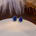 Gold Irregular Deep Blue Enamel Stud Earrings Organic Shape view 6