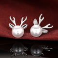 Silver Tone Reindeer Stud Earrings with White Faux Pearls view 1