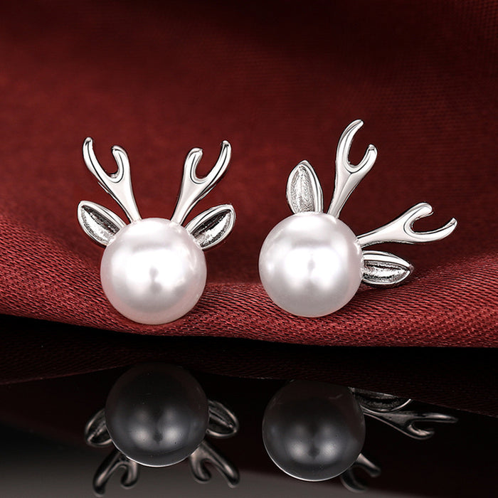 Silver Tone Reindeer Stud Earrings with White Faux Pearls