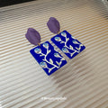 Blue Painted Geometric Floral Statement Drop Earrings view 3
