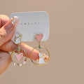 Pink Heart and White Cat Asymmetrical Hoop Earrings view 2