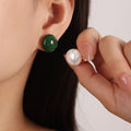 Double Sided Faux Pearl Green Enamel Stud Earrings Gold Tone view 1