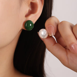 Double Sided Faux Pearl Green Enamel Stud Earrings Gold Tone