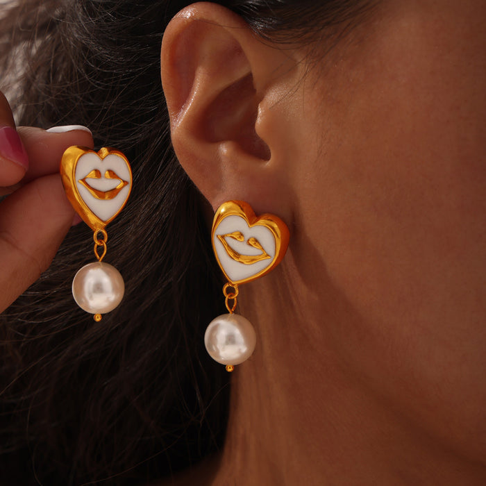 Heart Lips Enamel Drop Earrings With Pearl Dangle Charm