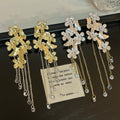 Gold and Silver Floral Branch Long Chain Tassel Stud Earrings view 2